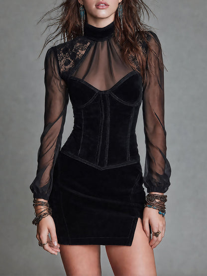 Vestido Mini Ante Negro Encaje Mangas Largas Abertura