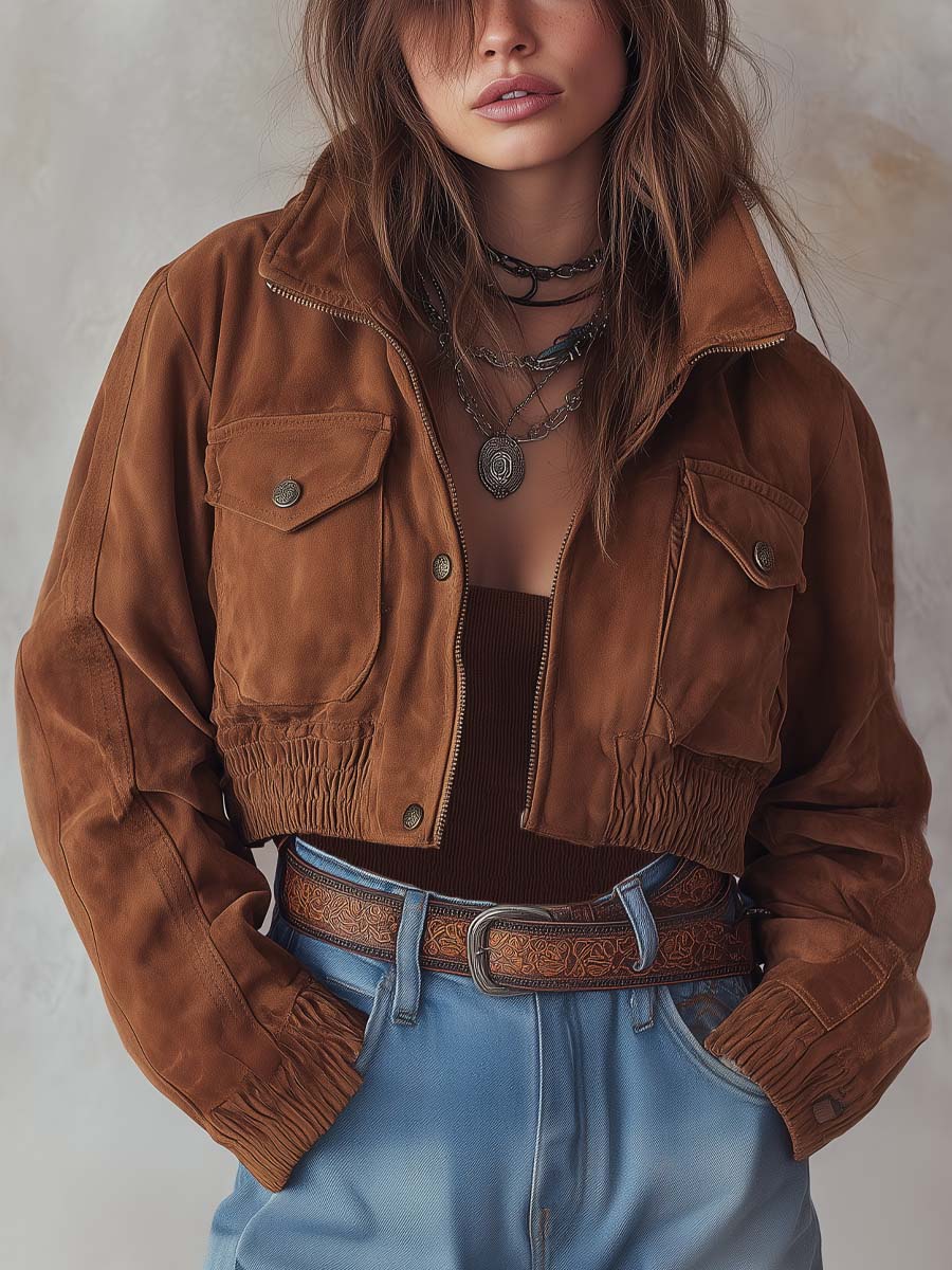Chaqueta Ante Marrón Corta Bolsillos Broche
