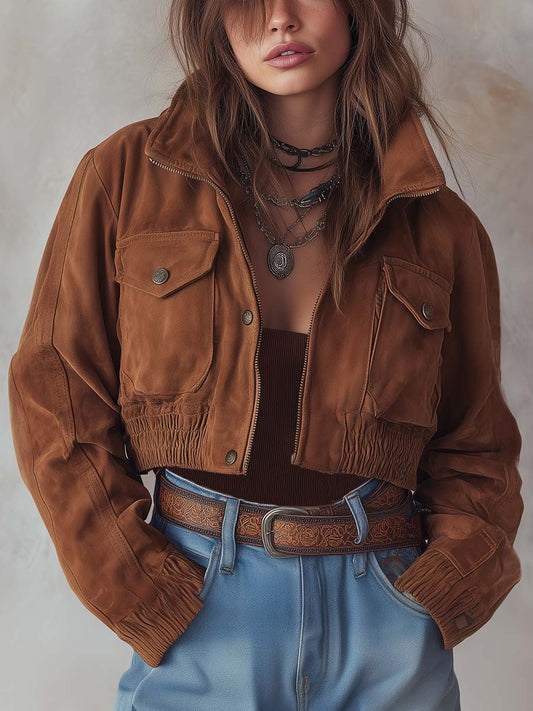Chaqueta Ante Marrón Corta Bolsillos Broche