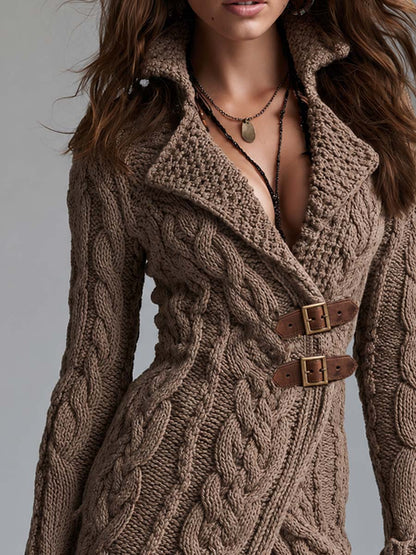 Chaqueta Punto Caqui Hebilla Piel Asimétrica