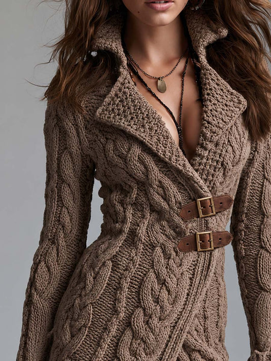 Chaqueta Punto Caqui Hebilla Piel Asimétrica