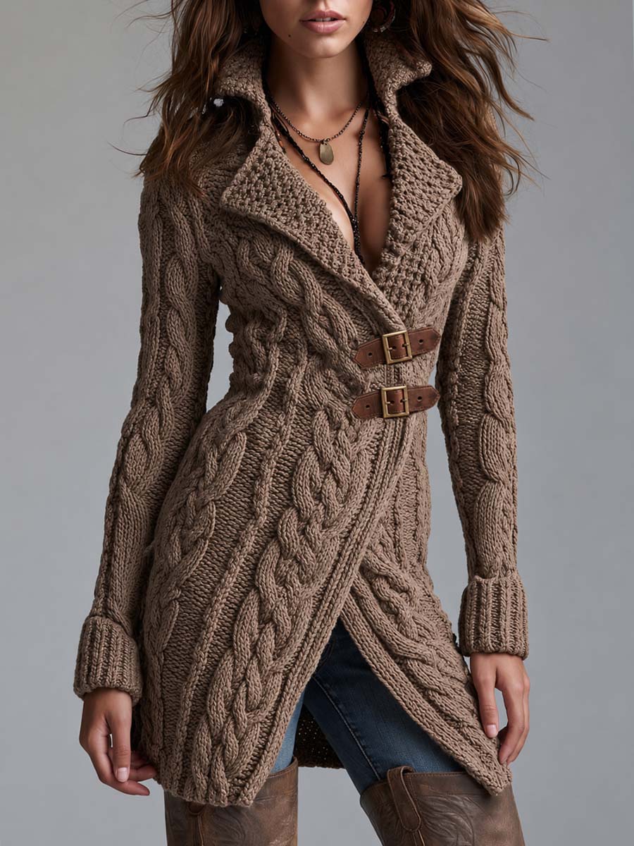 Chaqueta Punto Caqui Hebilla Piel Asimétrica