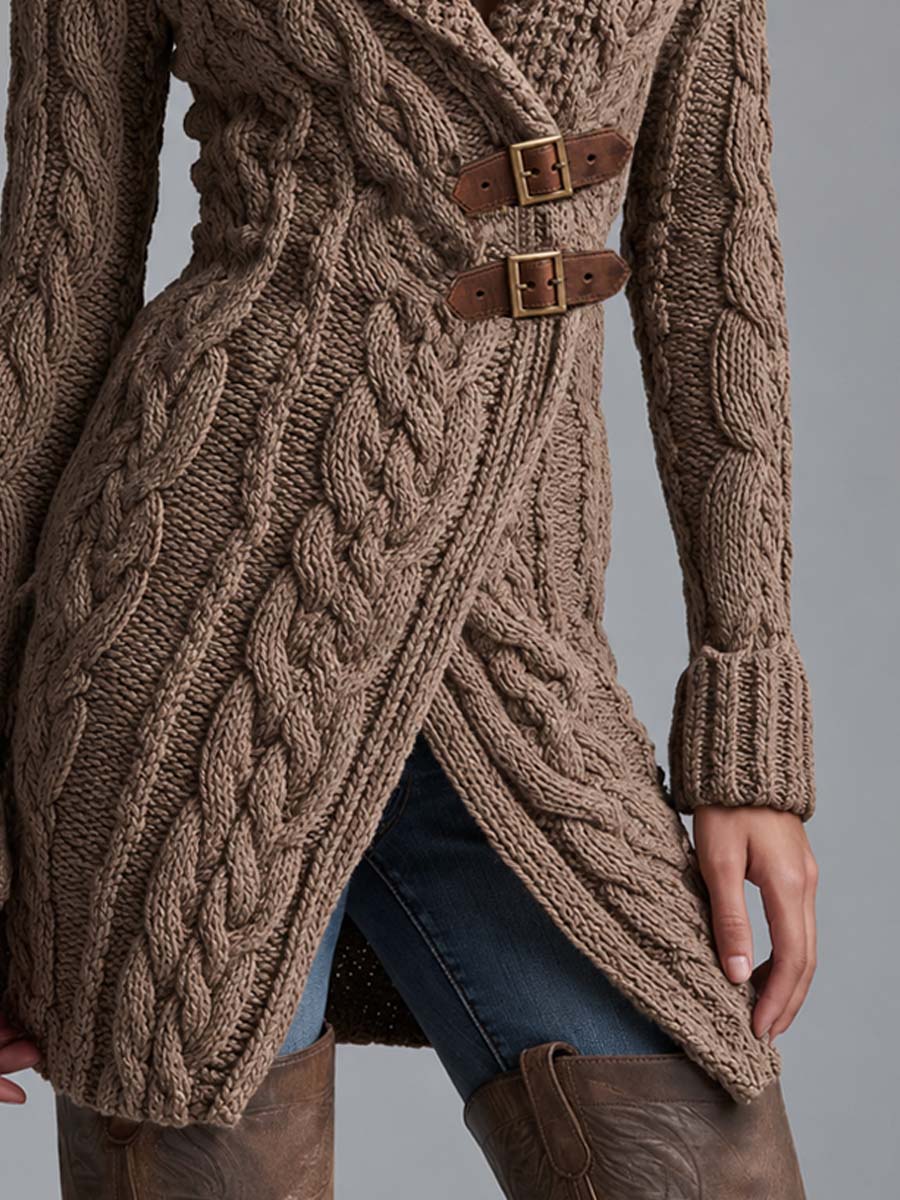 Chaqueta Punto Caqui Hebilla Piel Asimétrica