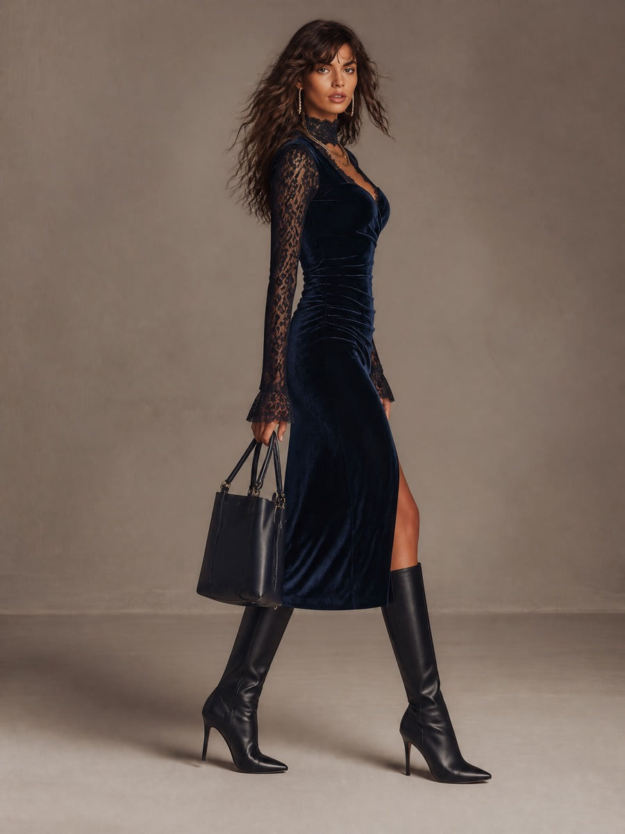 Vestido Midi Azul Marino Terciopelo Encaje Abertura Frontal