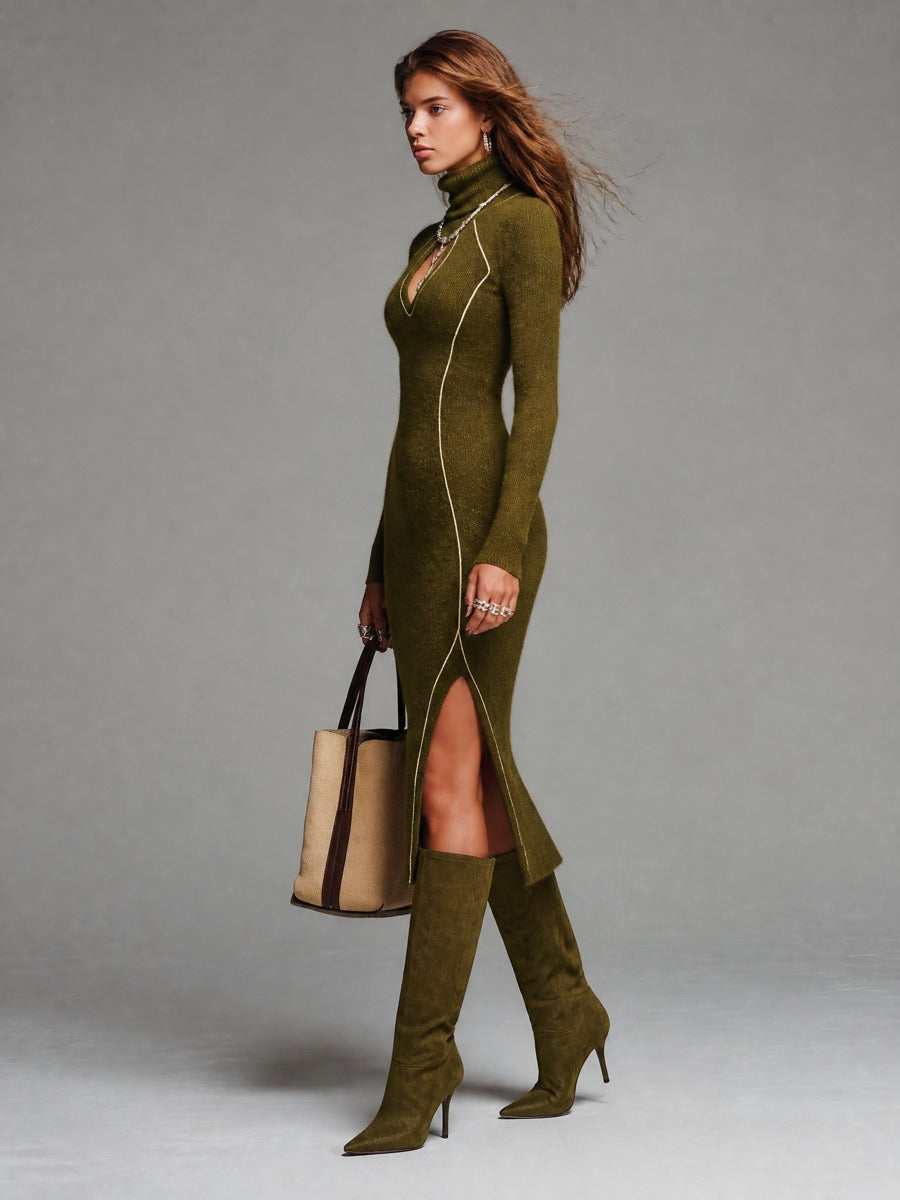Vestido Midi Verde Oliva Punto Cuello Alto Abertura