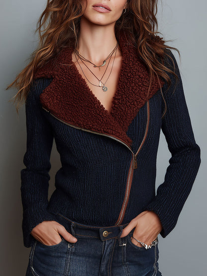 Chaqueta Punto Azul Marino Solapa Borreguito
