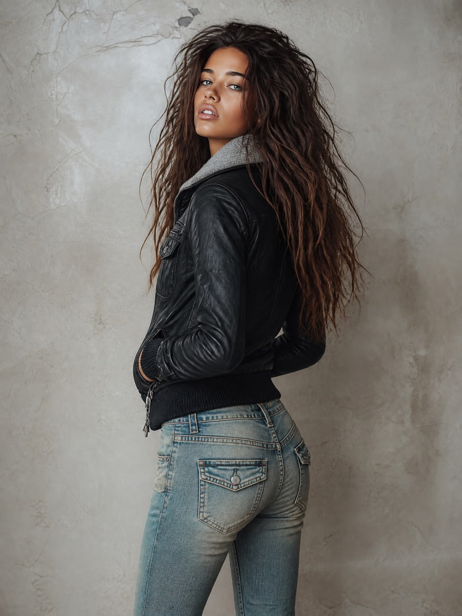 Chaqueta Bomber Negra Cuello Punto Contraste