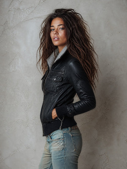 Chaqueta Bomber Negra Cuello Punto Contraste