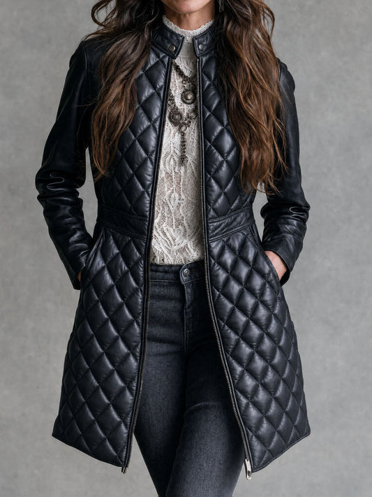 Abrigo Piel Negro Acolchado Cuello Mao