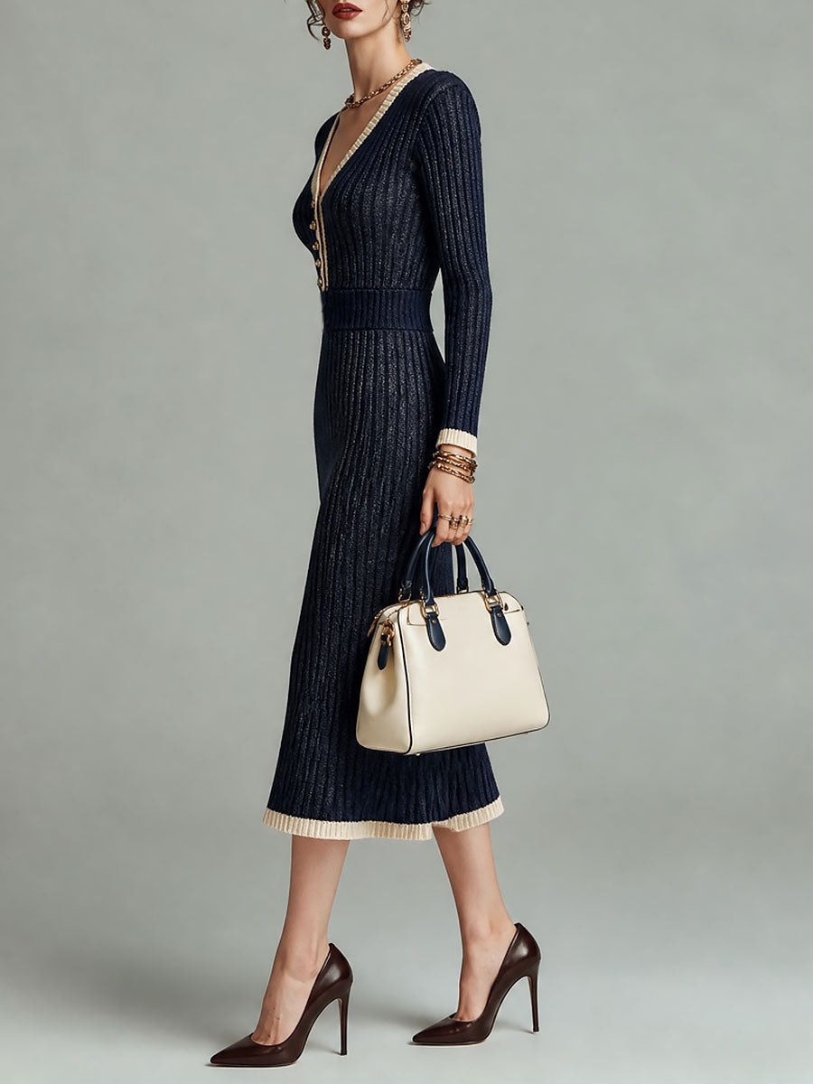 Vestido Midi Punto Azul Marino Sirena Ribete Contraste