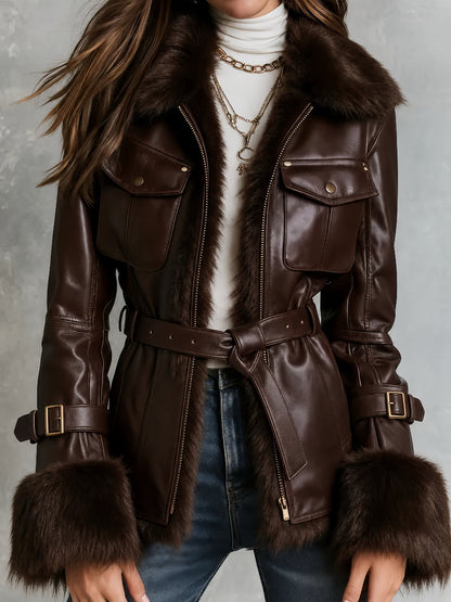 Chaqueta Piel Chocolate Cuello Pelo Cinturón