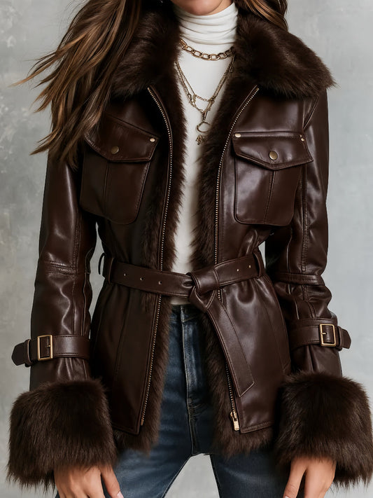 Chaqueta Piel Chocolate Cuello Pelo Cinturón