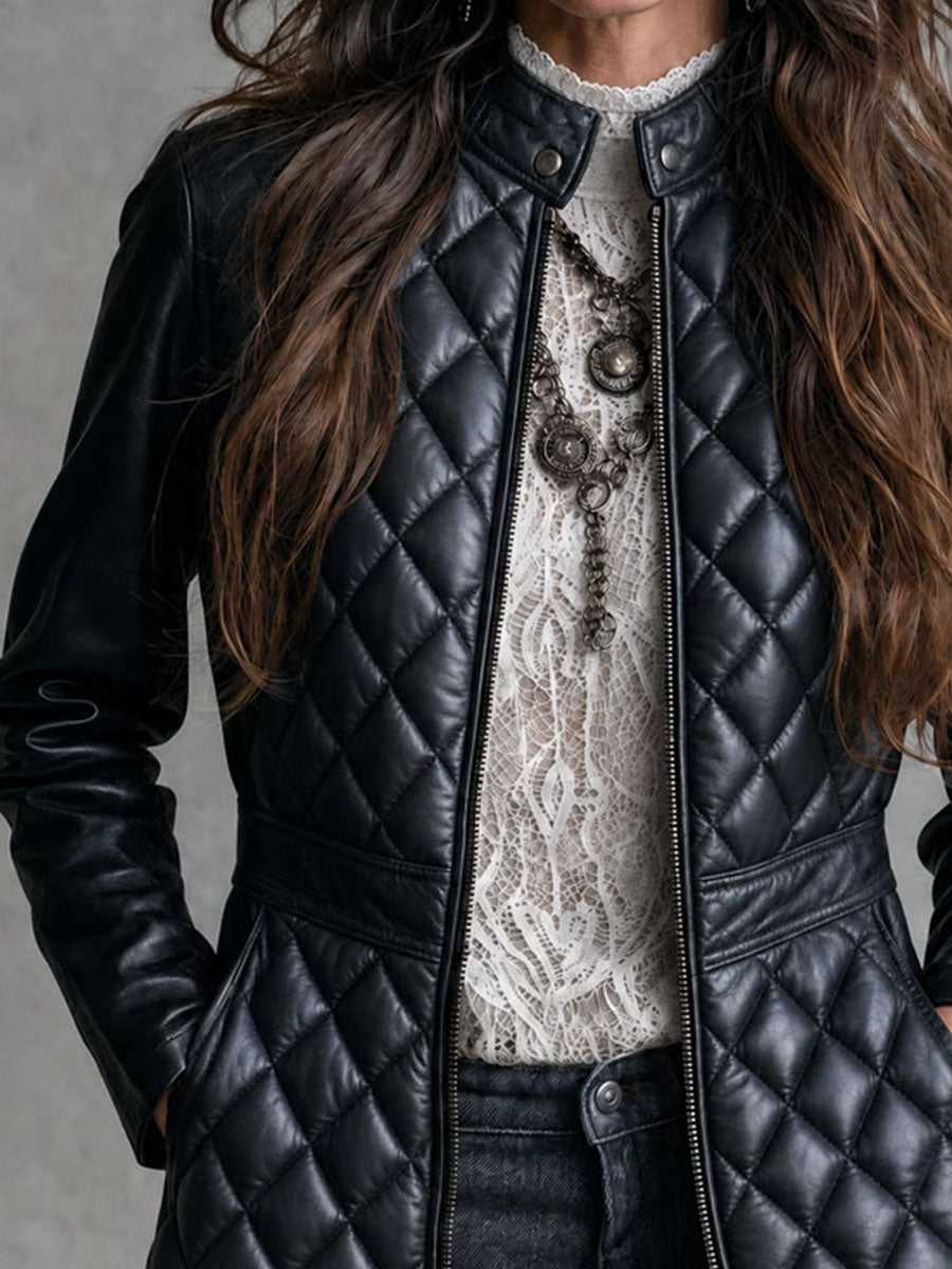 Abrigo Piel Negro Acolchado Cuello Mao