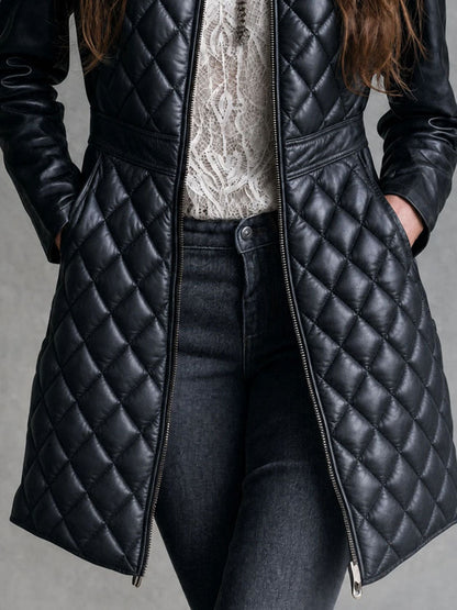 Abrigo Piel Negro Acolchado Cuello Mao