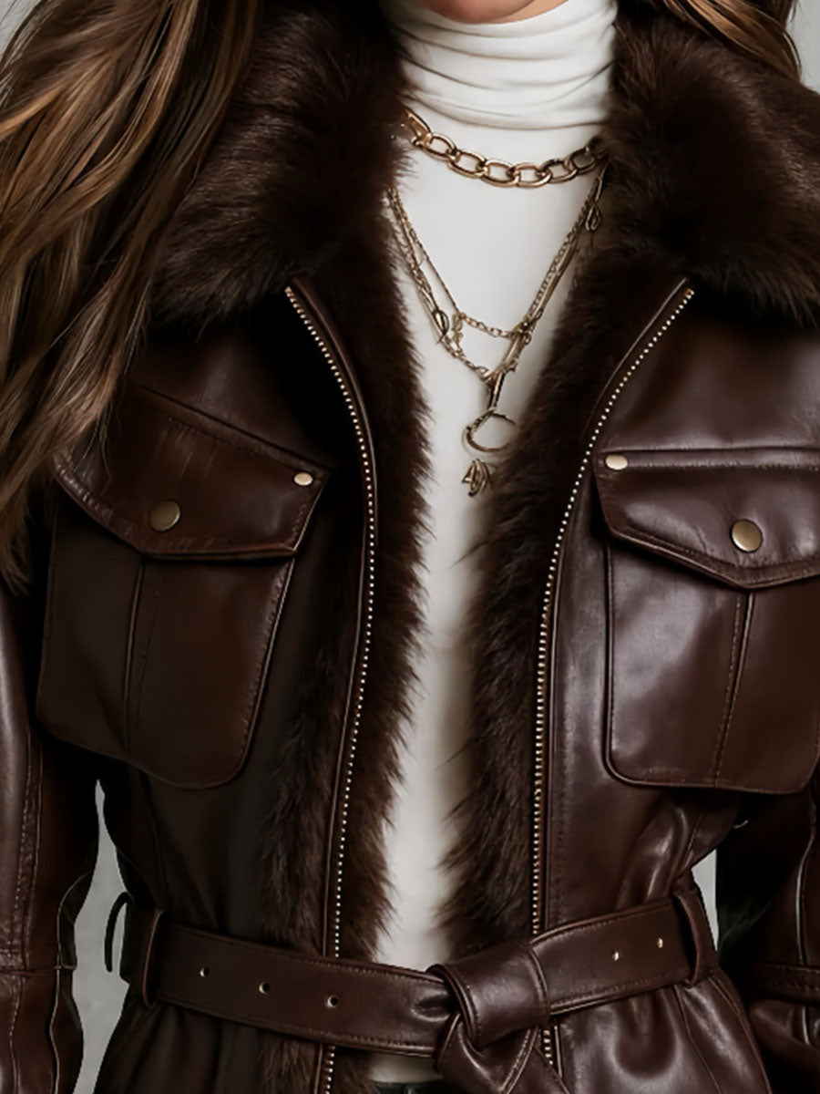 Chaqueta Piel Chocolate Cuello Pelo Cinturón