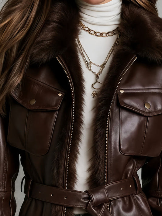 Chaqueta Piel Chocolate Cuello Pelo Cinturón