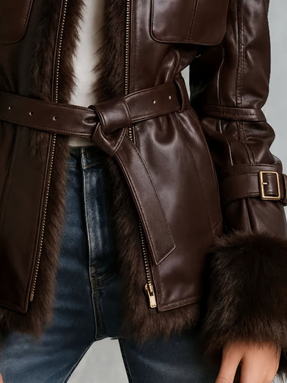 Chaqueta Piel Chocolate Cuello Pelo Cinturón