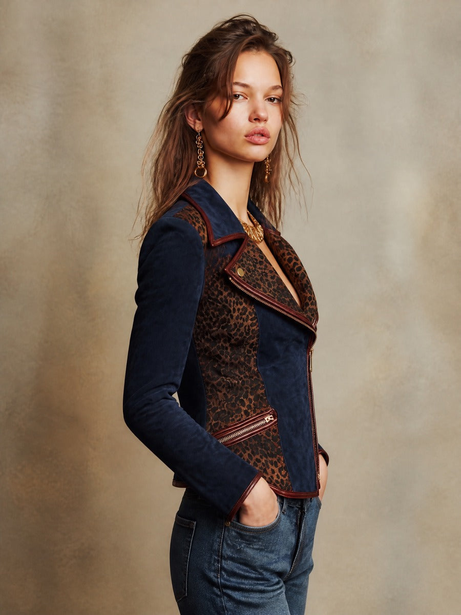 Chaqueta Ante Estampado Leopardo Ribete Piel