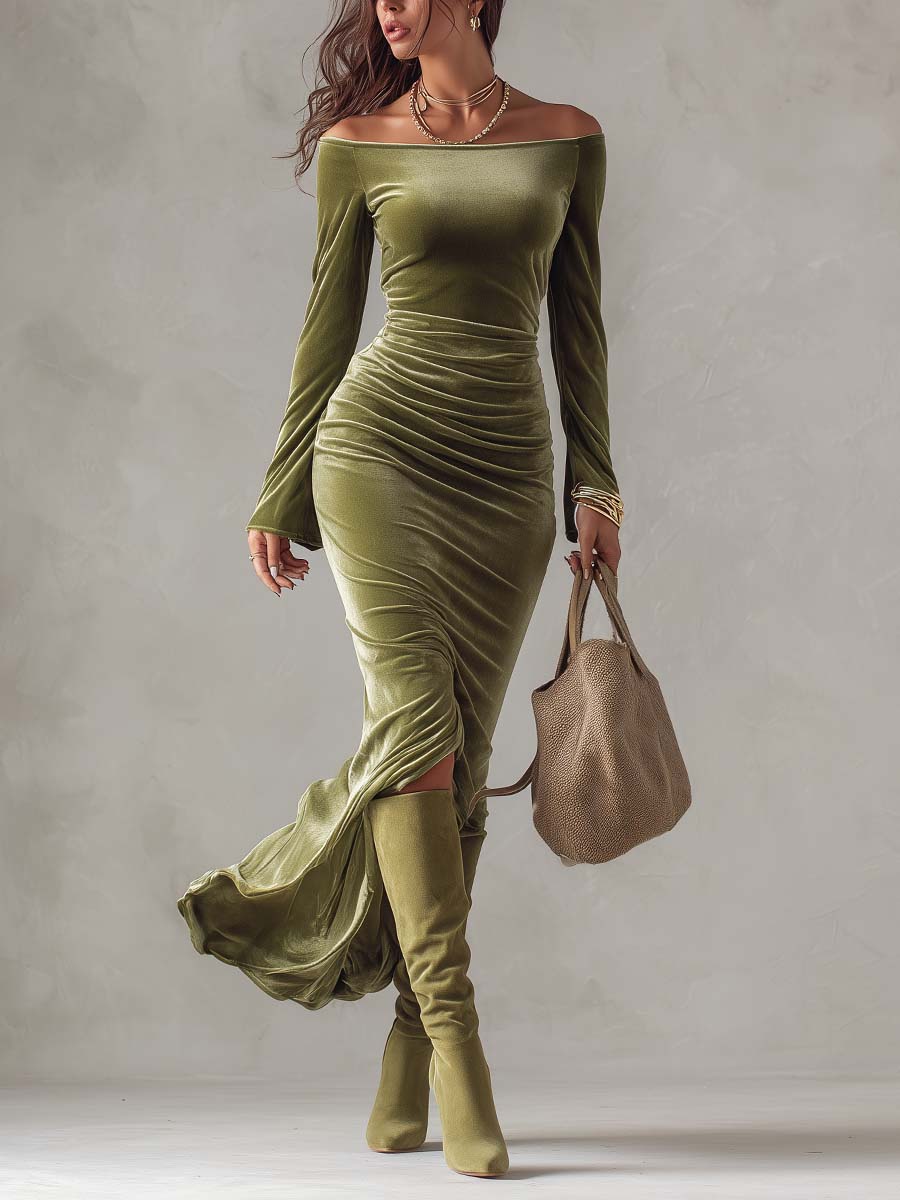 Vestido Maxi Verde Oliva Terciopelo Hombros Descubiertos