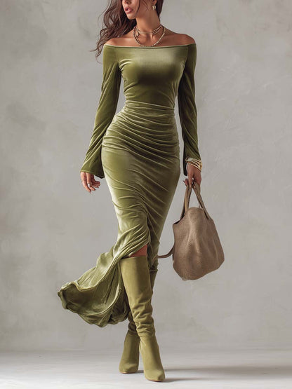 Vestido Maxi Verde Oliva Terciopelo Hombros Descubiertos