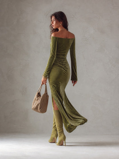 Vestido Maxi Verde Oliva Terciopelo Hombros Descubiertos