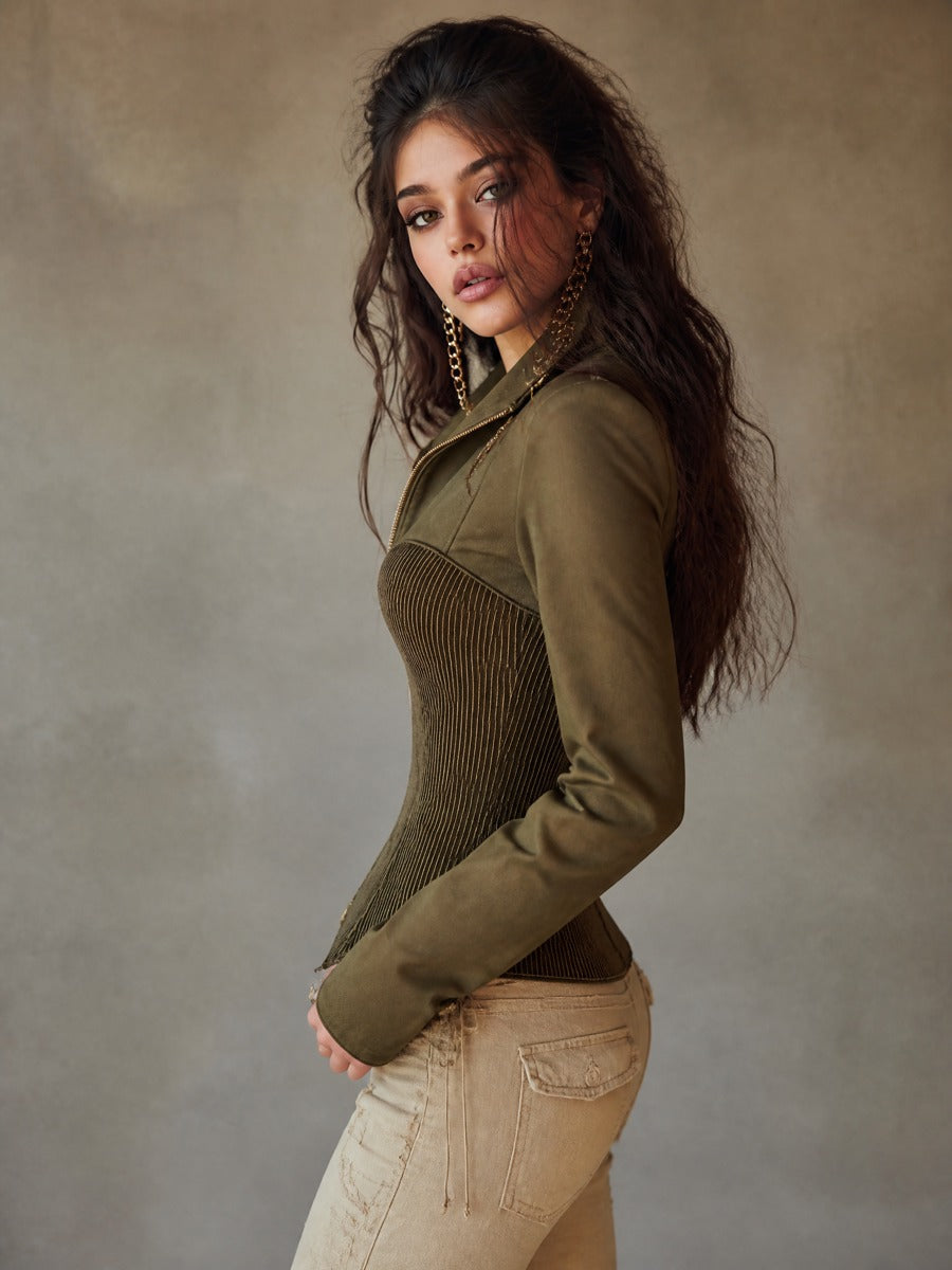 Chaqueta Corsé Verde Oliva Panel Acanalado