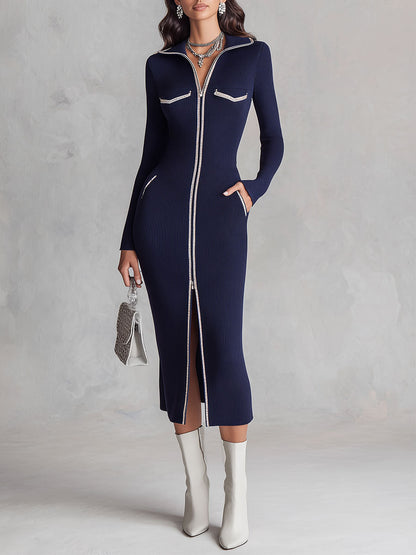 Vestido Midi Punto Azul Marino Solapa Cremallera Doble