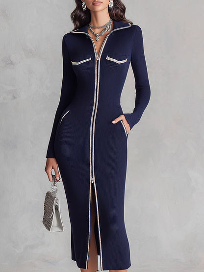 Vestido Midi Punto Azul Marino Solapa Cremallera Doble