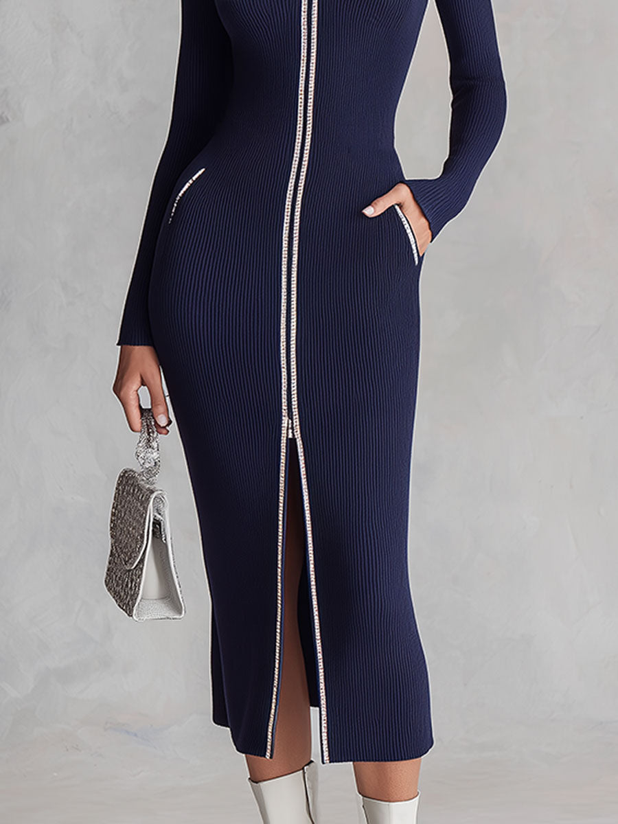 Vestido Midi Punto Azul Marino Solapa Cremallera Doble
