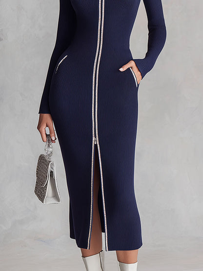 Vestido Midi Punto Azul Marino Solapa Cremallera Doble