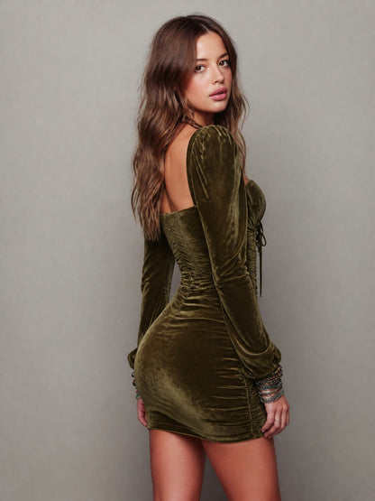 Vestido Mini Terciopelo Verde Oliva Cordones Mangas Abullonadas