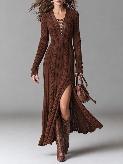 Vestido Maxi Marrón Boho Punto Halter Cruzado