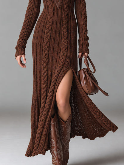 Vestido Maxi Marrón Boho Punto Halter Cruzado