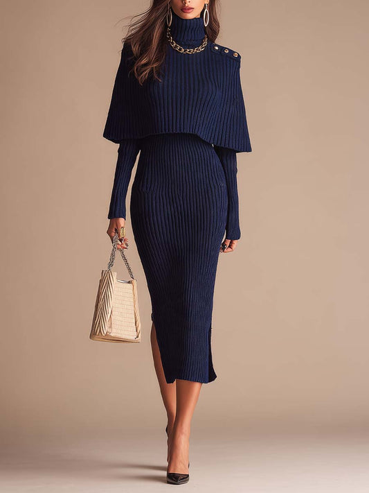 Vestido Midi Azul Marino Cuello Alto Capa Superpuesta
