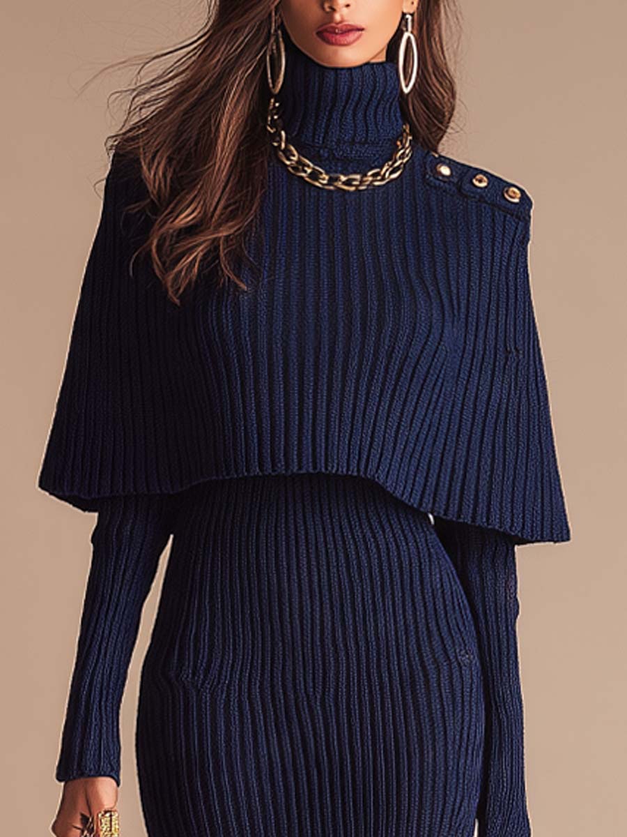 Vestido Midi Azul Marino Cuello Alto Capa Superpuesta
