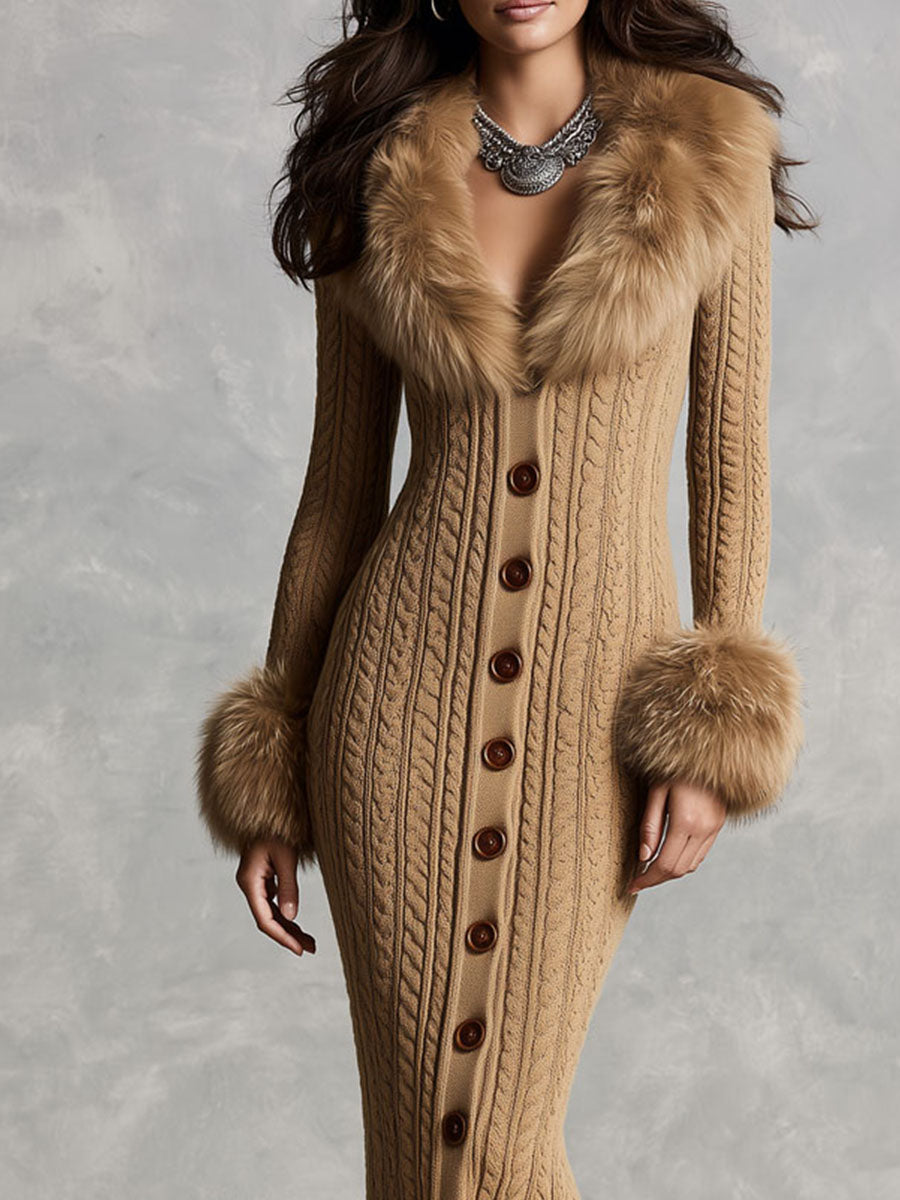 Vestido Midi Camel Punto Cuello Pelo Puños