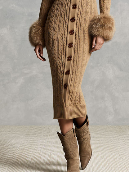 Vestido Midi Camel Punto Cuello Pelo Puños