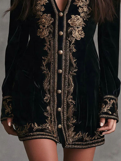 Vestido Mini Terciopelo Negro Bordado Dorado Boho
