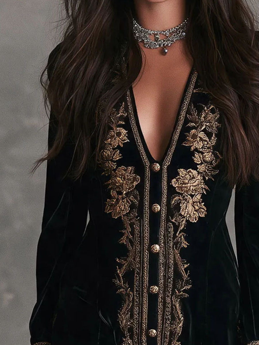 Vestido Mini Terciopelo Negro Bordado Dorado Boho