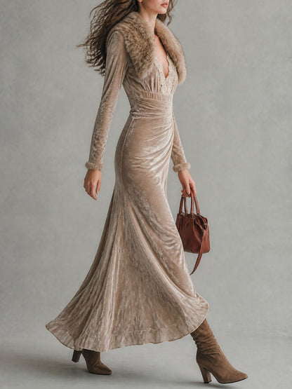 Vestido Maxi Beige Terciopelo Escote V Ribete Pelo