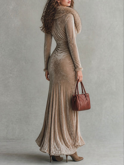 Vestido Maxi Beige Terciopelo Escote V Ribete Pelo