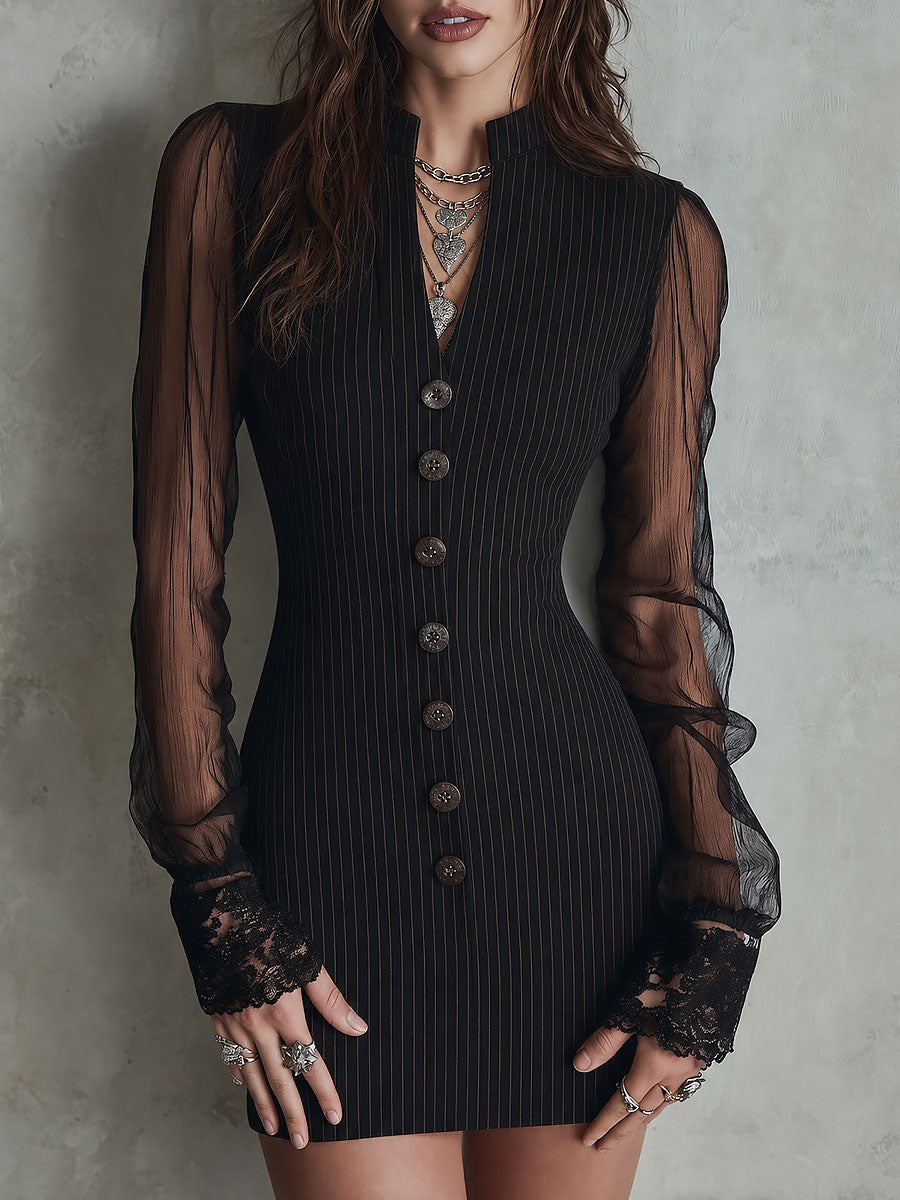 Vestido Mini Negro Rayas Botones Mangas Malla Encaje