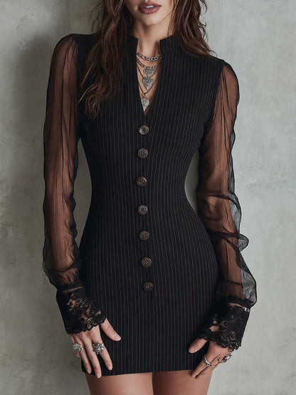 Vestido Mini Negro Rayas Botones Mangas Malla Encaje