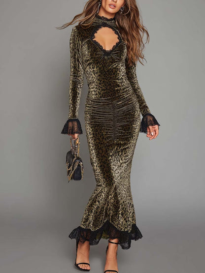 Vestido Maxi Verde Oliva Terciopelo Leopardo Vintage