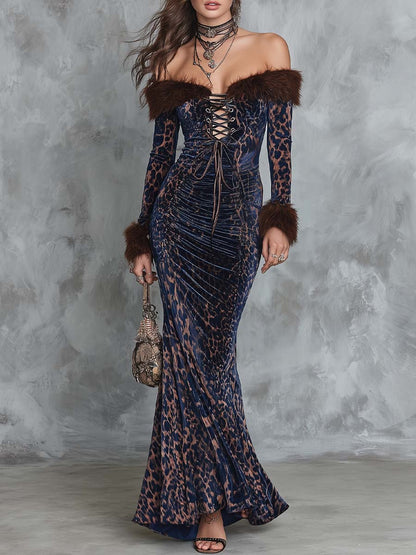 Vestido Maxi Azul Marino Leopardo Sirena Cuello Pelo