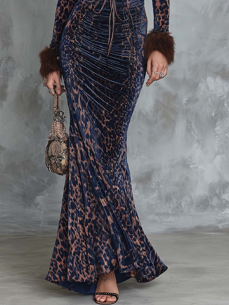 Vestido Maxi Azul Marino Leopardo Sirena Cuello Pelo