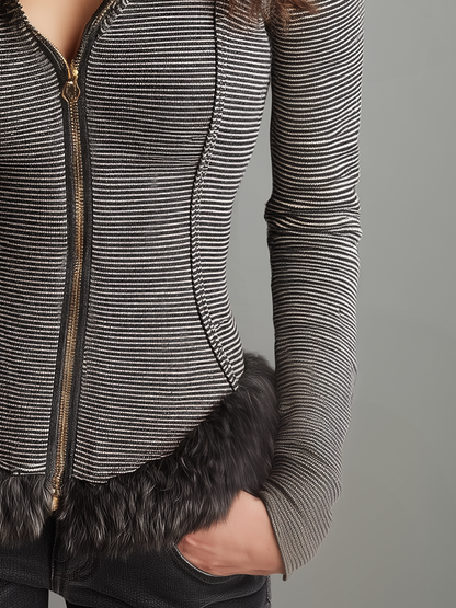 Chaqueta Rayas Gris Antracita Ribete Pelo
