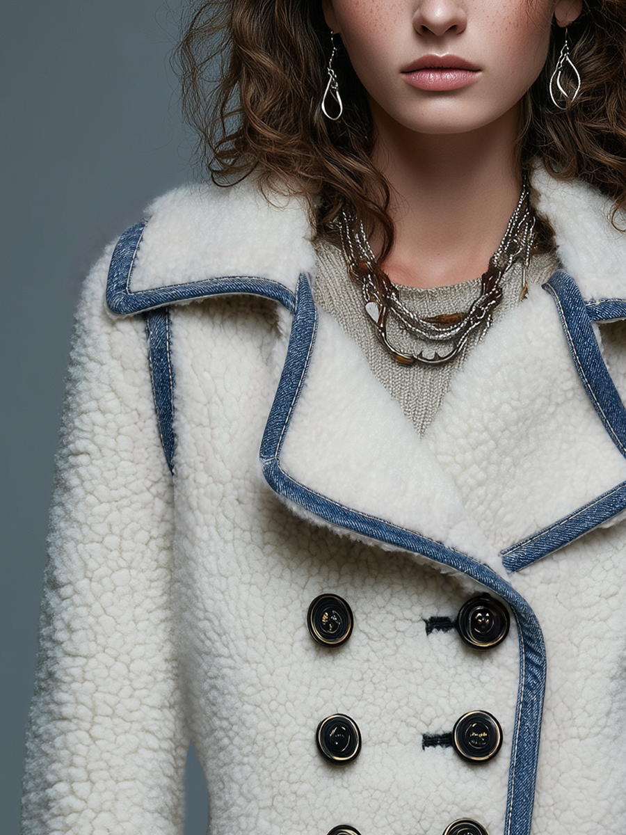 Chaqueta Sherpa Marfil Cruzada Ribete Denim