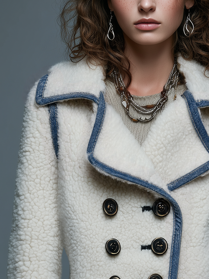 Chaqueta Sherpa Marfil Cruzada Ribete Denim