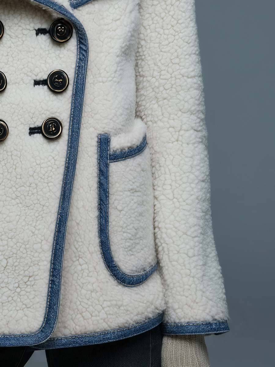 Chaqueta Sherpa Marfil Cruzada Ribete Denim